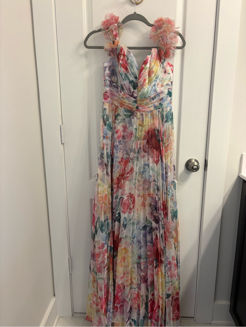 Marchesa Multicolor Floral Pleated Maxi Dress with Ruffle Straps
